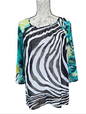 Chico's Animal Print Black Green White Sheer Cold Shoulder Top M